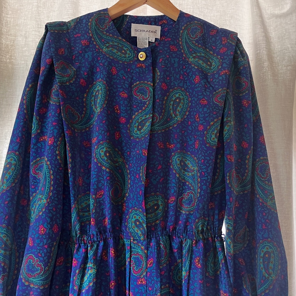 Vintage 80s Schrader Shirt Dress Women 6 Blue Paisley Button Front Midi Satin